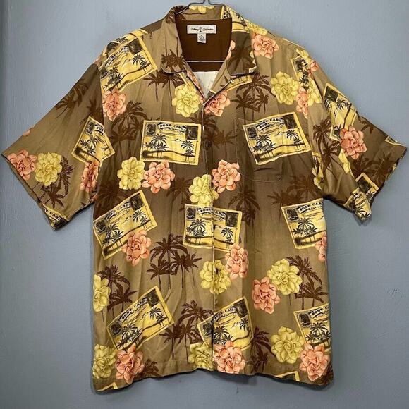 Tommy Bahama Mens Size XL Button Up Silk Hawaiian Shirt Floral Postcard Beach - Picture 1 of 11